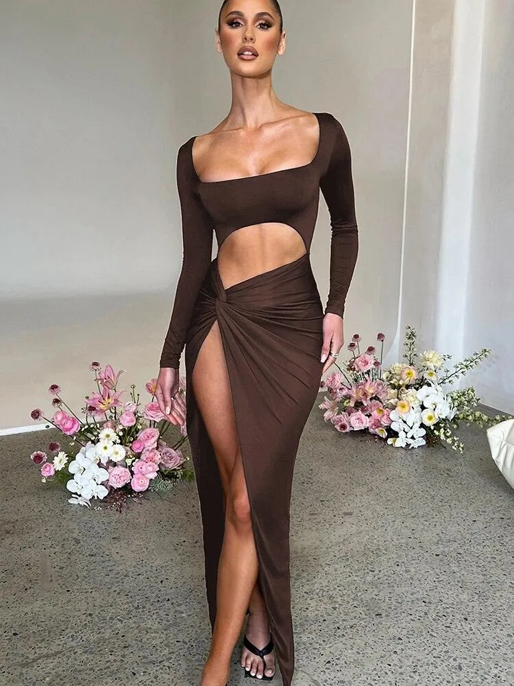 Artifact Square Collar Long Sleeve High Slit Bodycon Maxi Dress