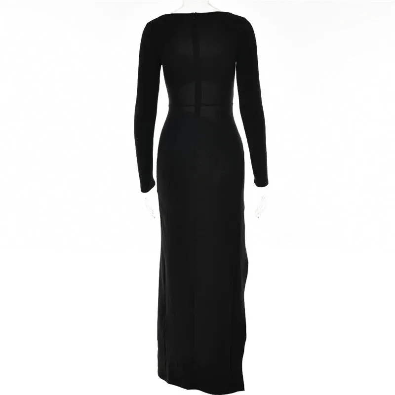 Artifact Square Collar Long Sleeve High Slit Bodycon Maxi Dress