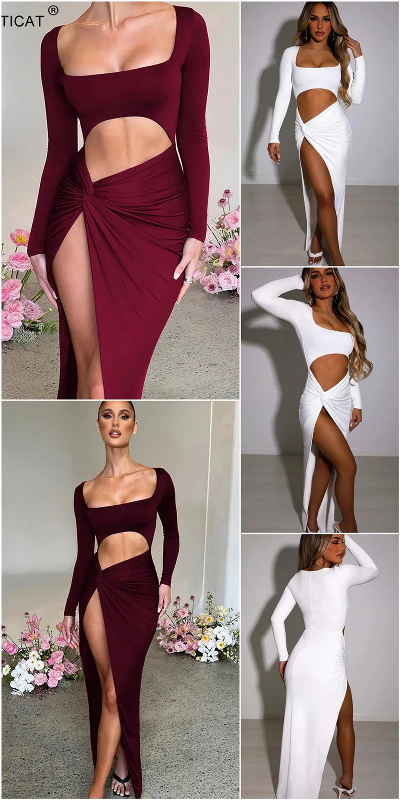 Artifact Square Collar Long Sleeve High Slit Bodycon Maxi Dress