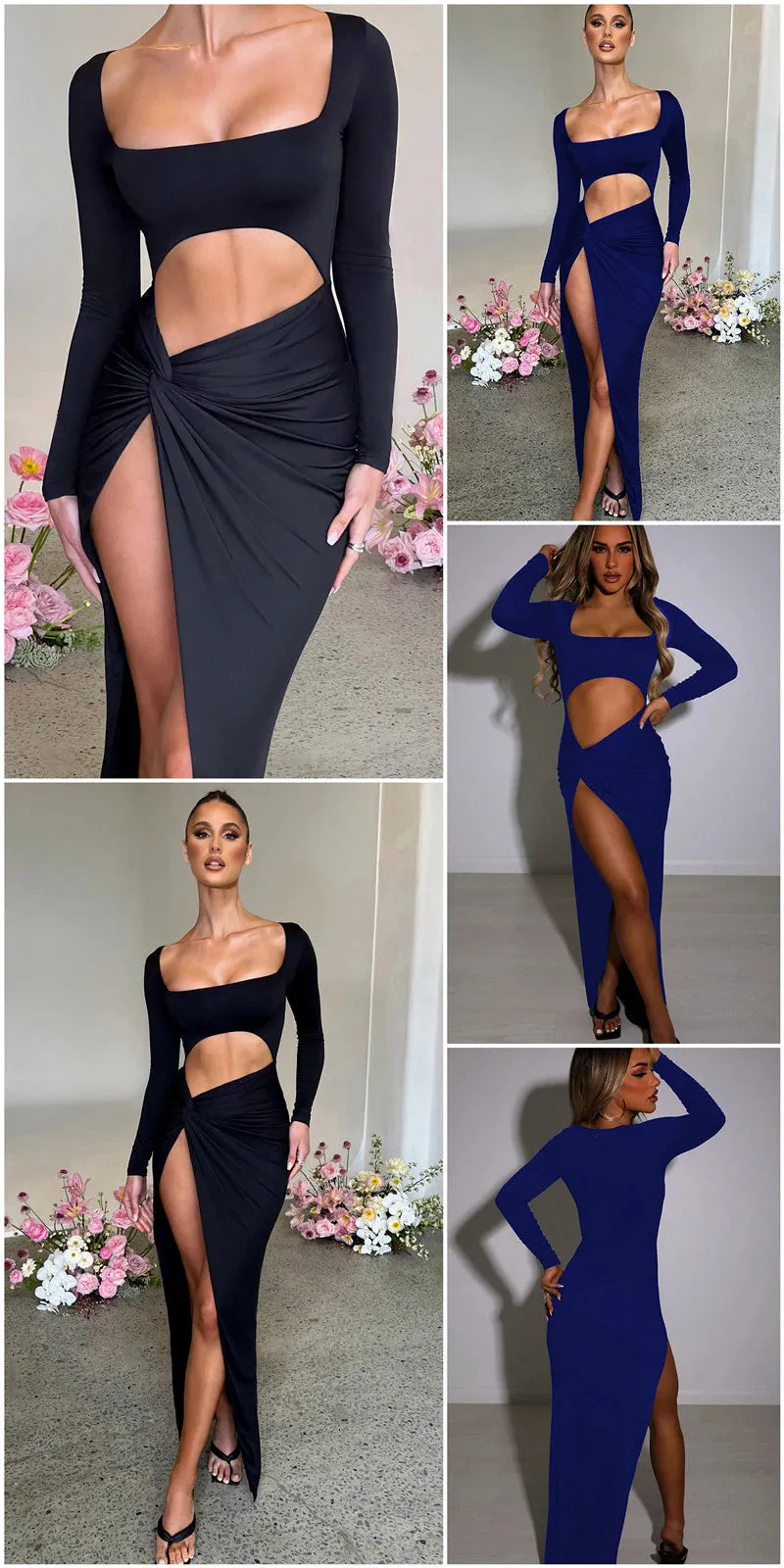 Artifact Square Collar Long Sleeve High Slit Bodycon Maxi Dress