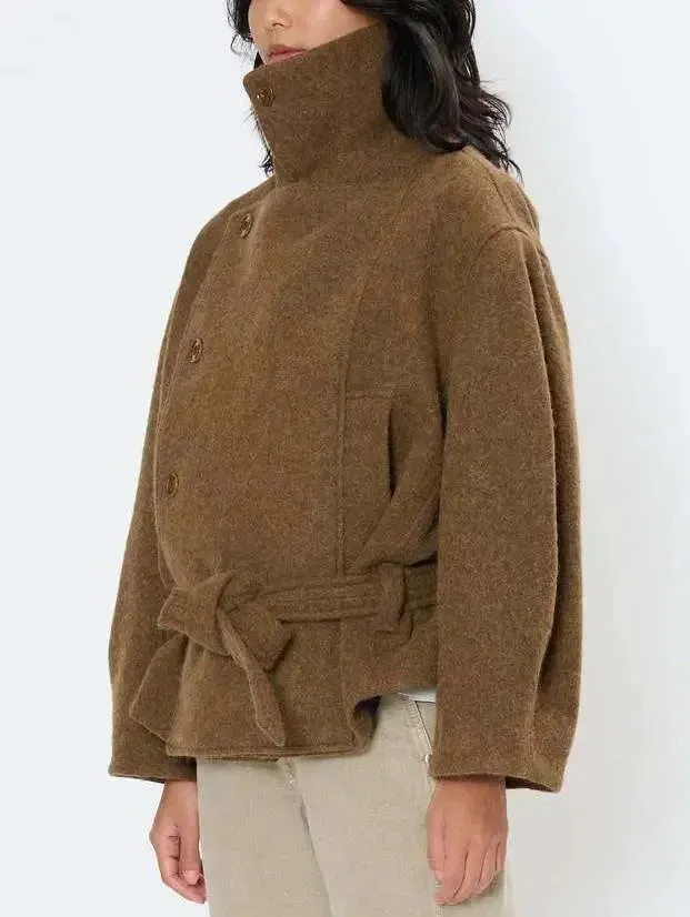 Asymmetrical Button-Closure Belted Wool-Blend Jacket