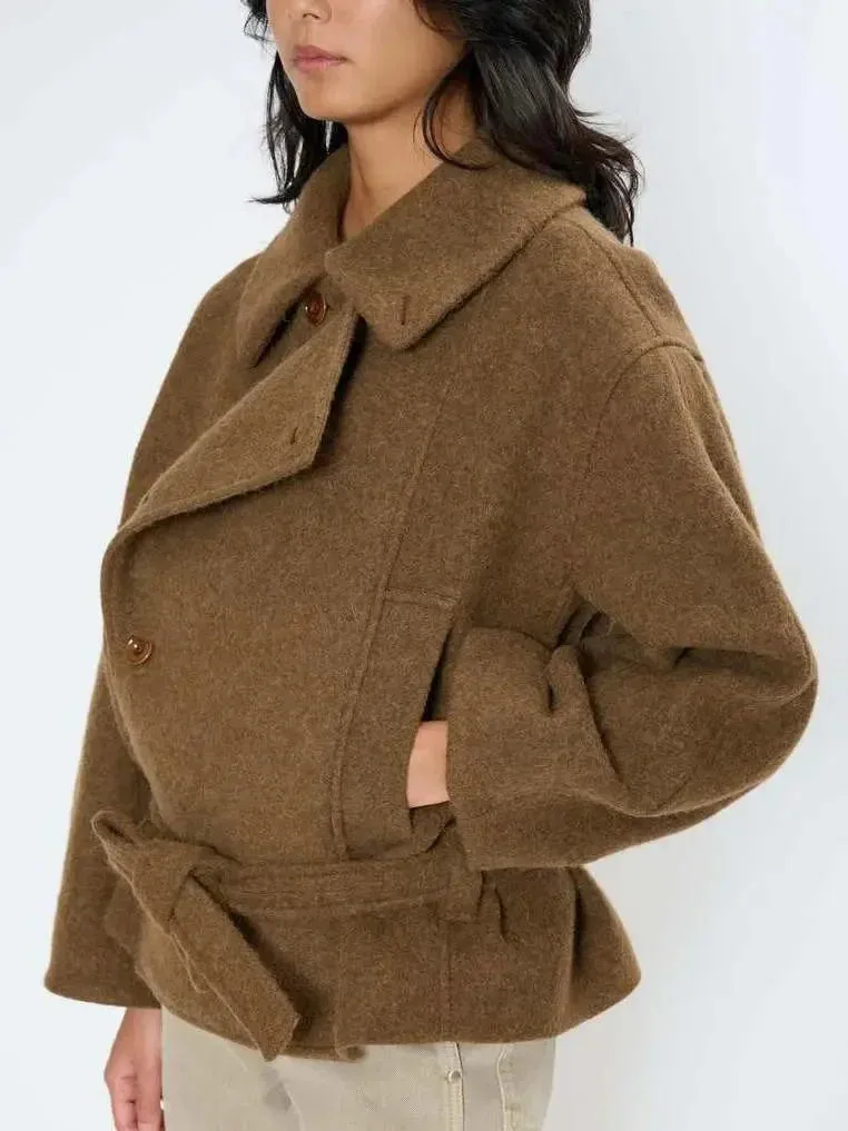 Asymmetrical Button-Closure Belted Wool-Blend Jacket