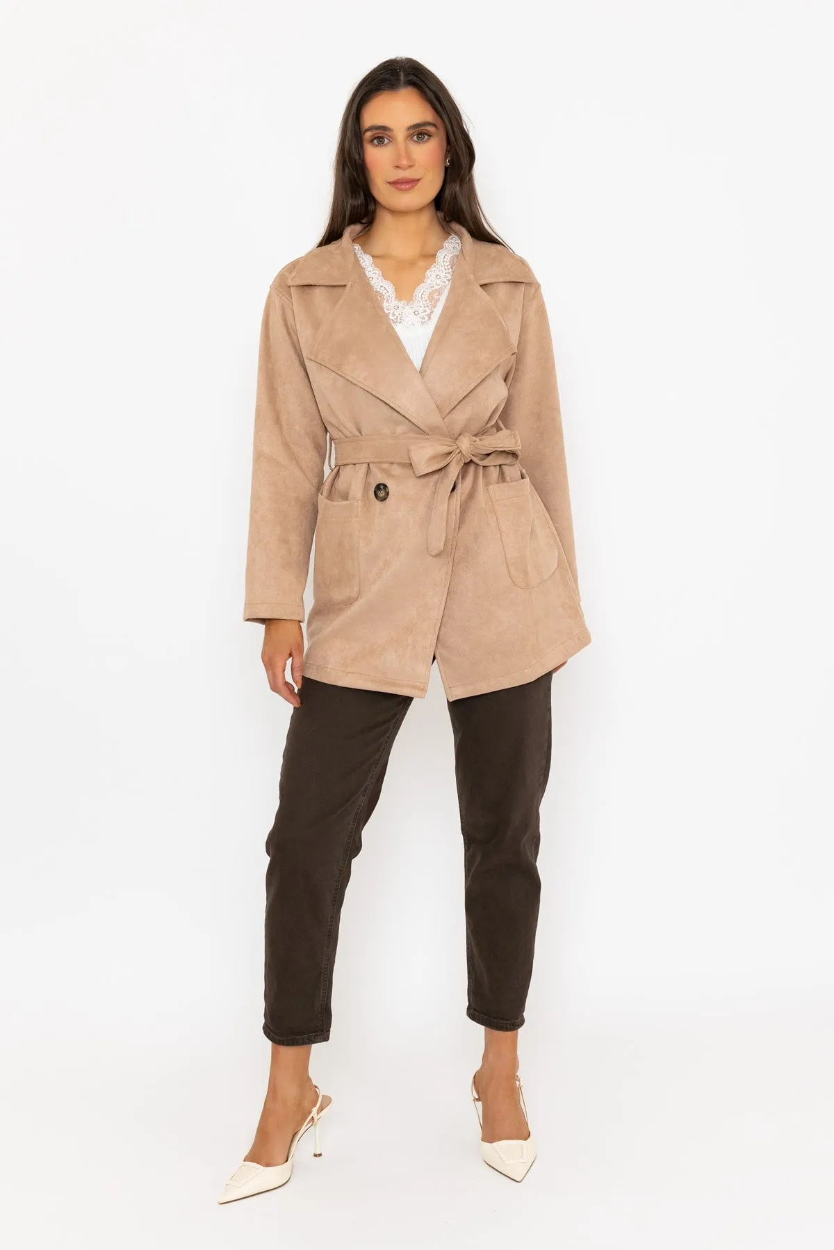 Beige Suede Belted Mac Jacket