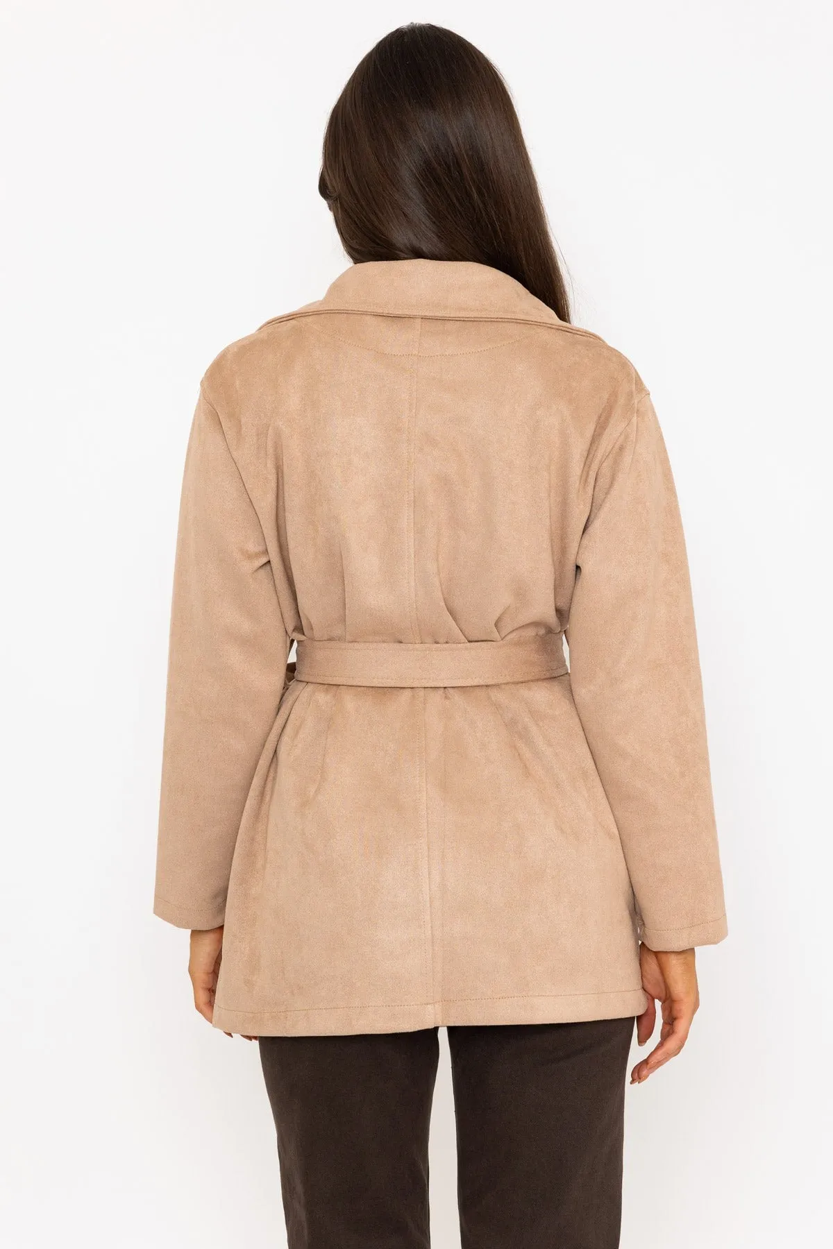 Beige Suede Belted Mac Jacket