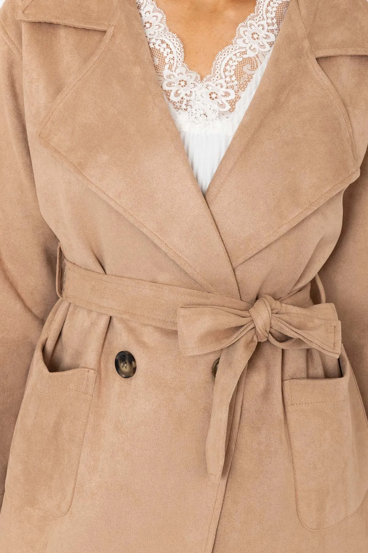 Beige Suede Belted Mac Jacket