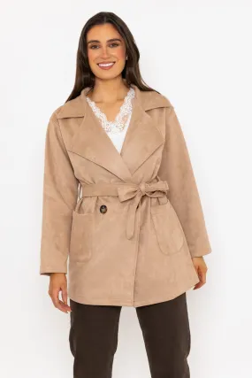 Beige Suede Belted Mac Jacket