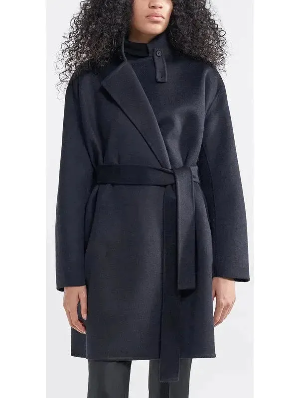 Belted Wool and Cashmere Wrap Jacket, Dark Blue