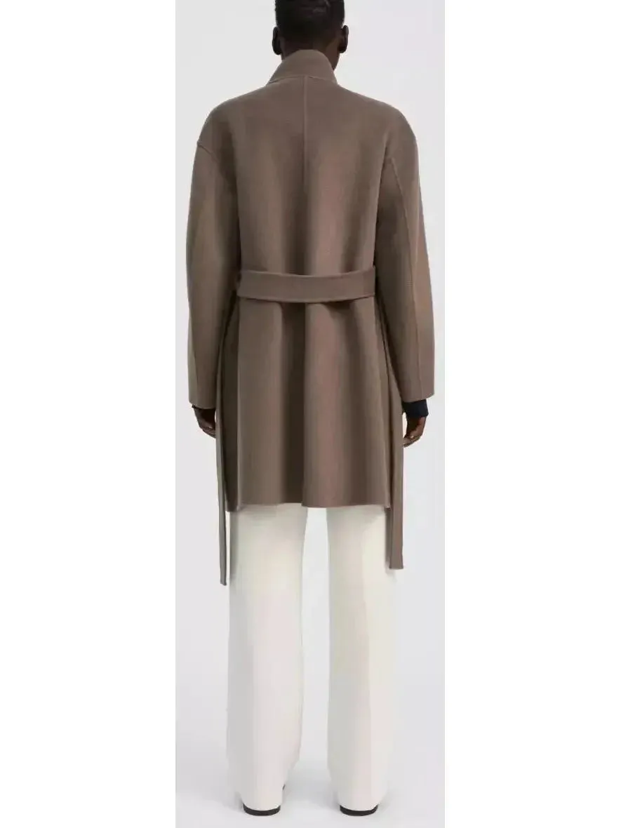 Belted Wool and Cashmere Wrap Jacket, Taupe