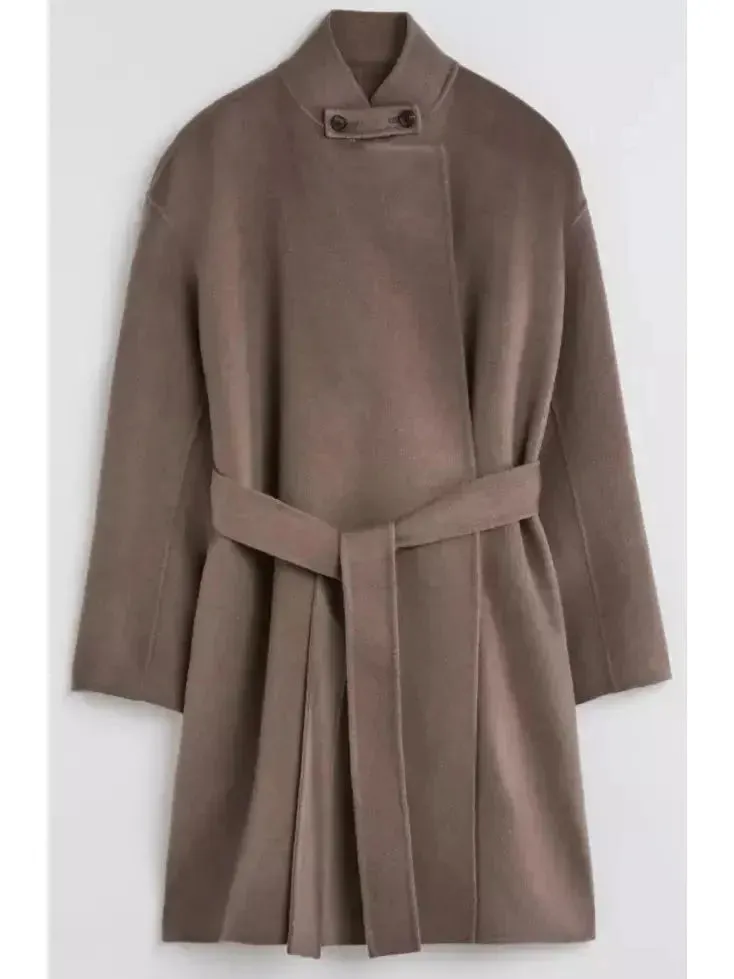 Belted Wool and Cashmere Wrap Jacket, Taupe