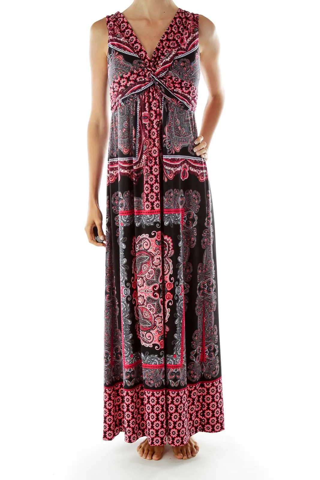 Black Red Paisley Print Maxi Dress