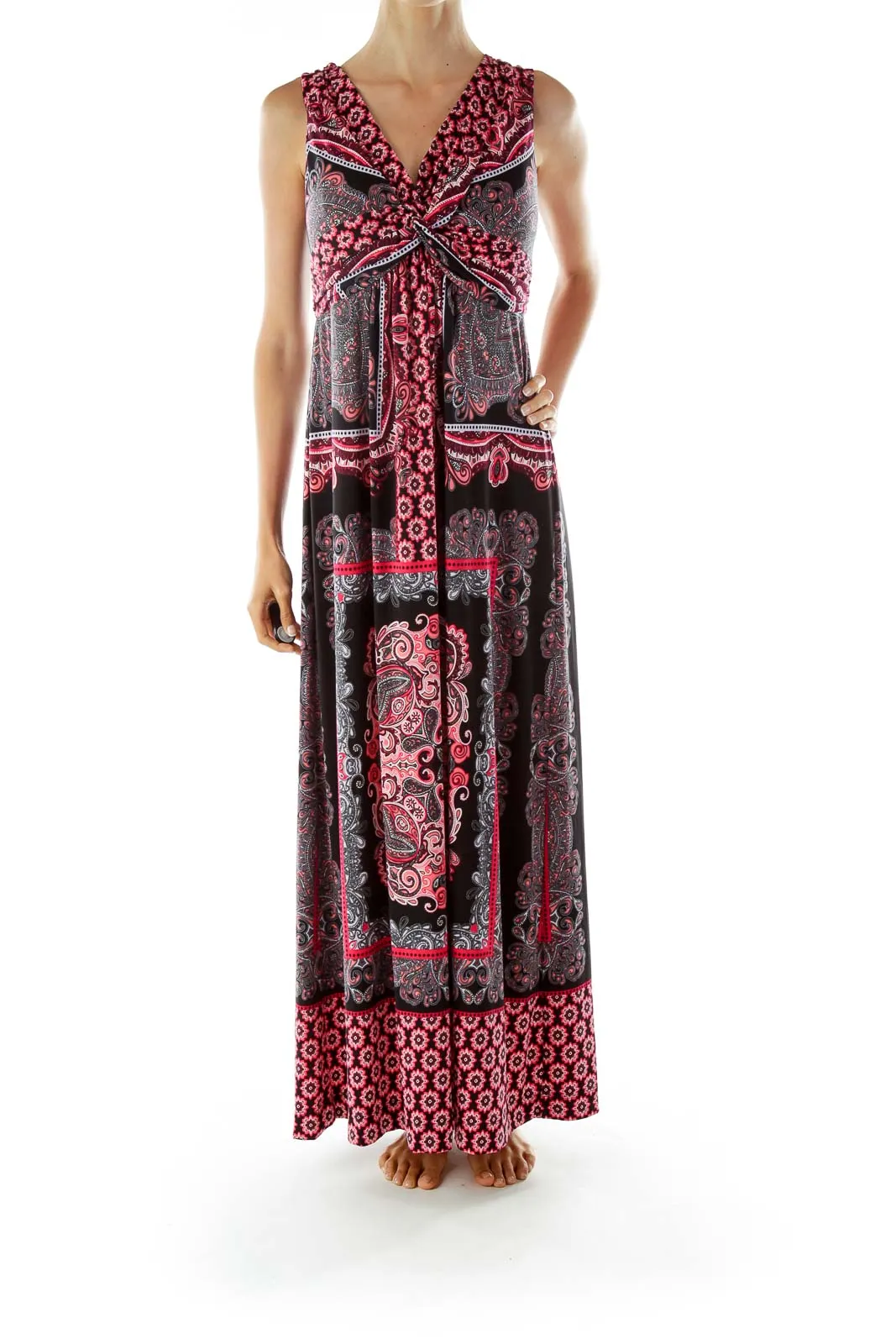 Black Red Paisley Print Maxi Dress