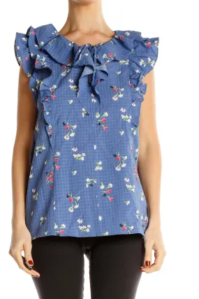 Blue Floral Ruffle Sleeveless Top