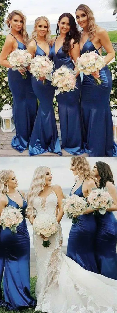 Blue Sexy Long Bridesmaid Dresses Backless with Spaghgetti straps