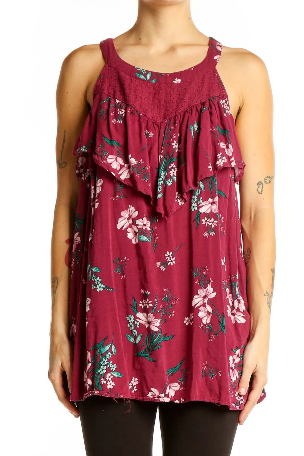 Burgundy Floral Ruffle Tank Top