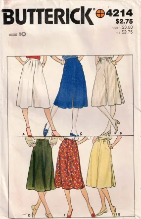 Butterick 4214 Womens Flared Culottes & Skirts 1980s Vintage Sewing Pattern Size 10 or 12