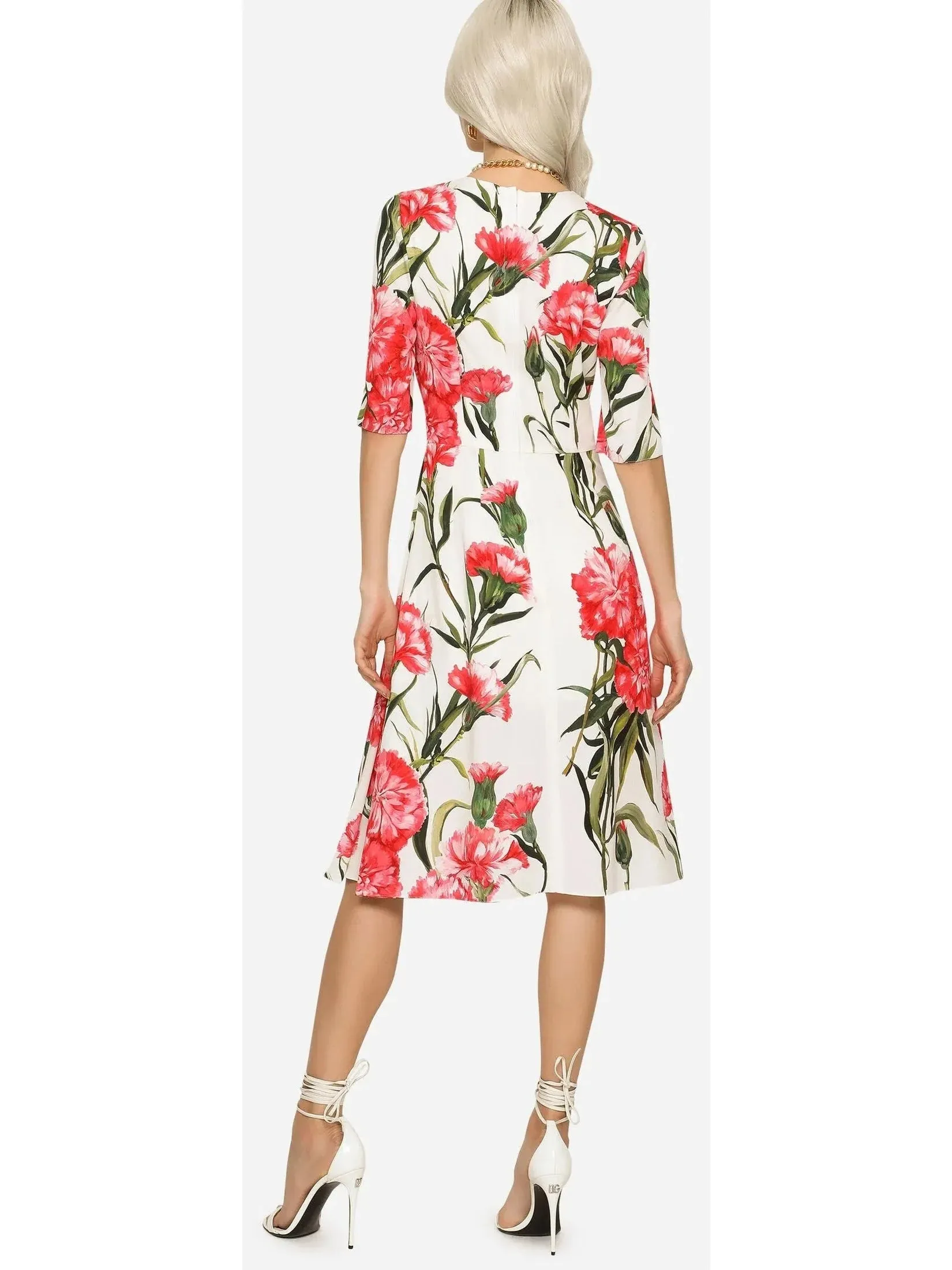 Carnation-Print Charmeuse Midi Dress