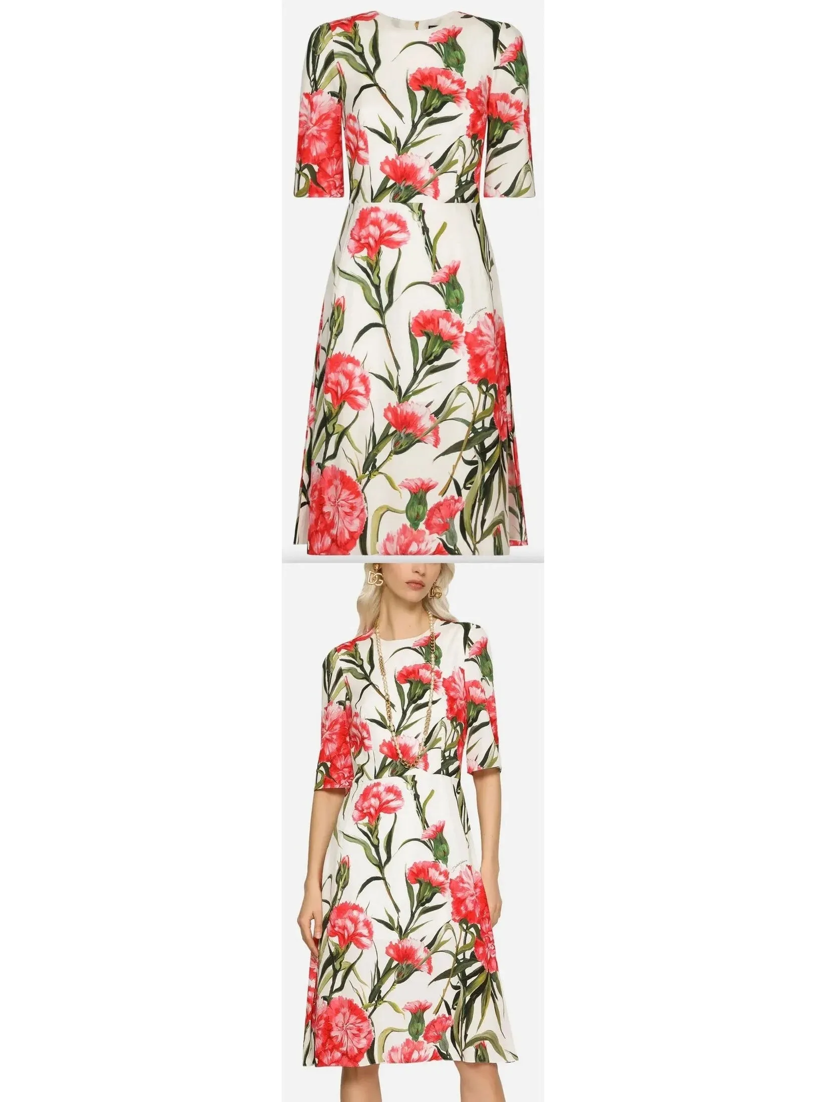 Carnation-Print Charmeuse Midi Dress