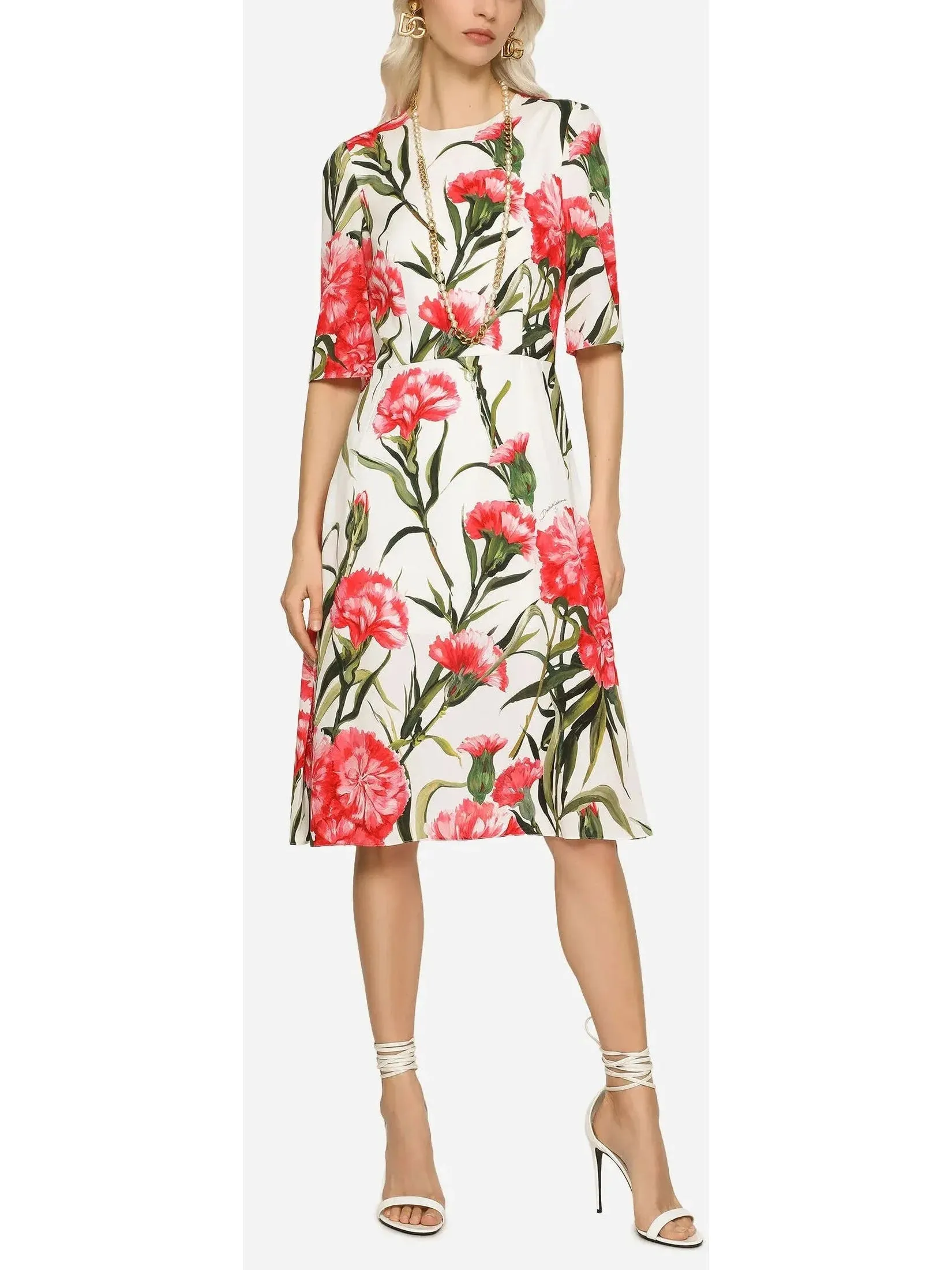 Carnation-Print Charmeuse Midi Dress