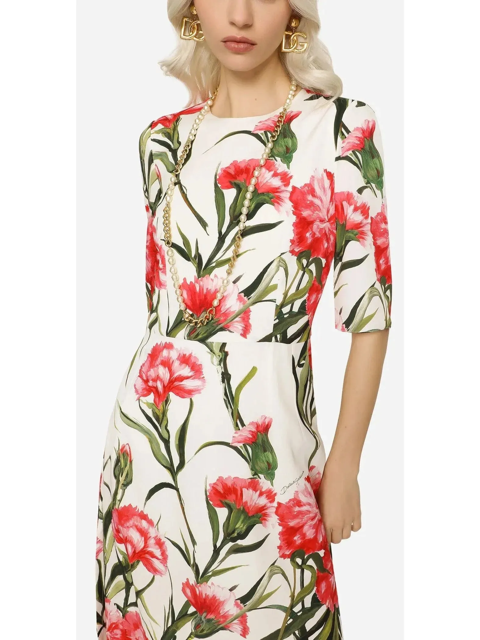 Carnation-Print Charmeuse Midi Dress