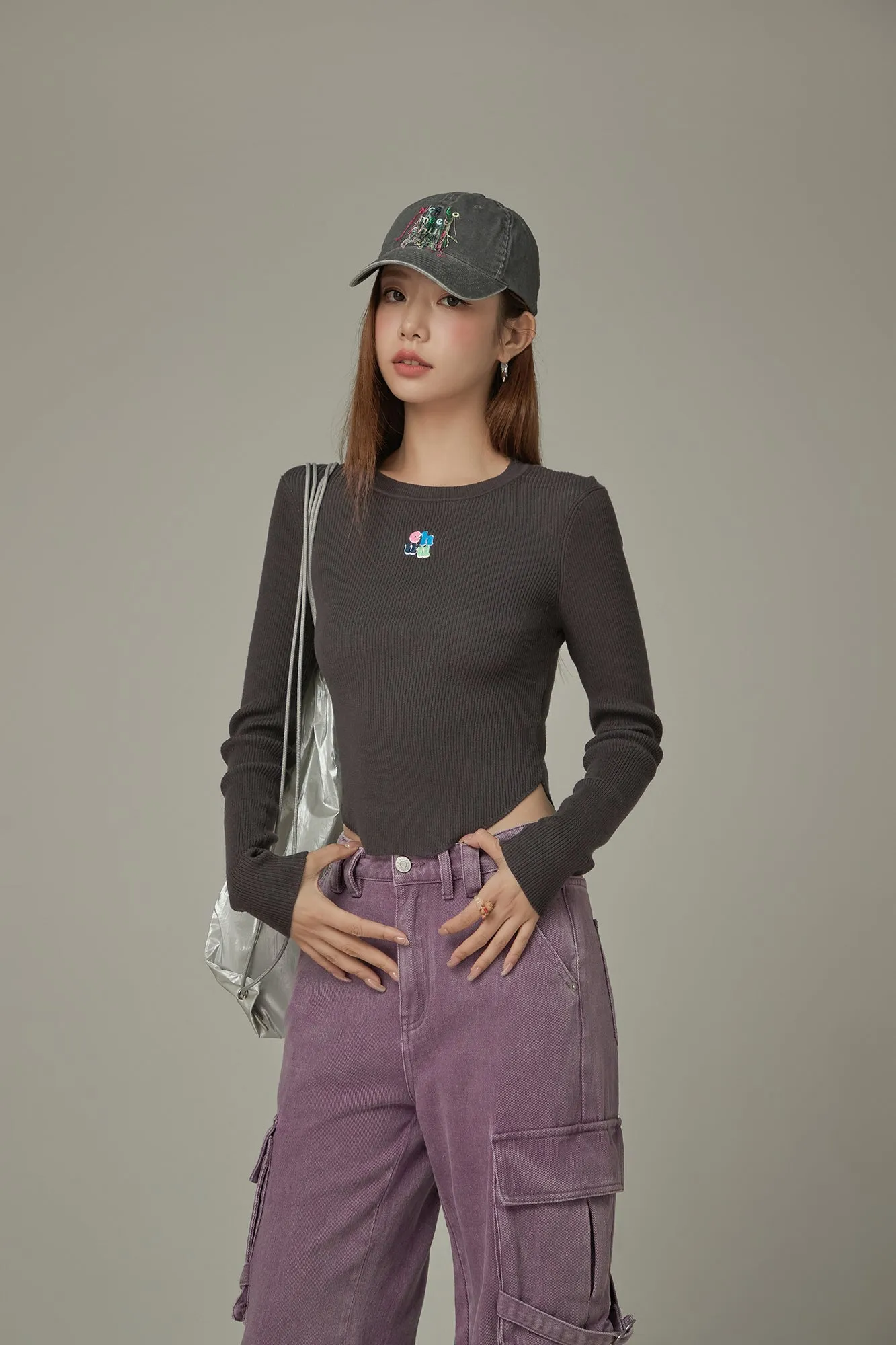 Color Ribbed Slim Knit Top