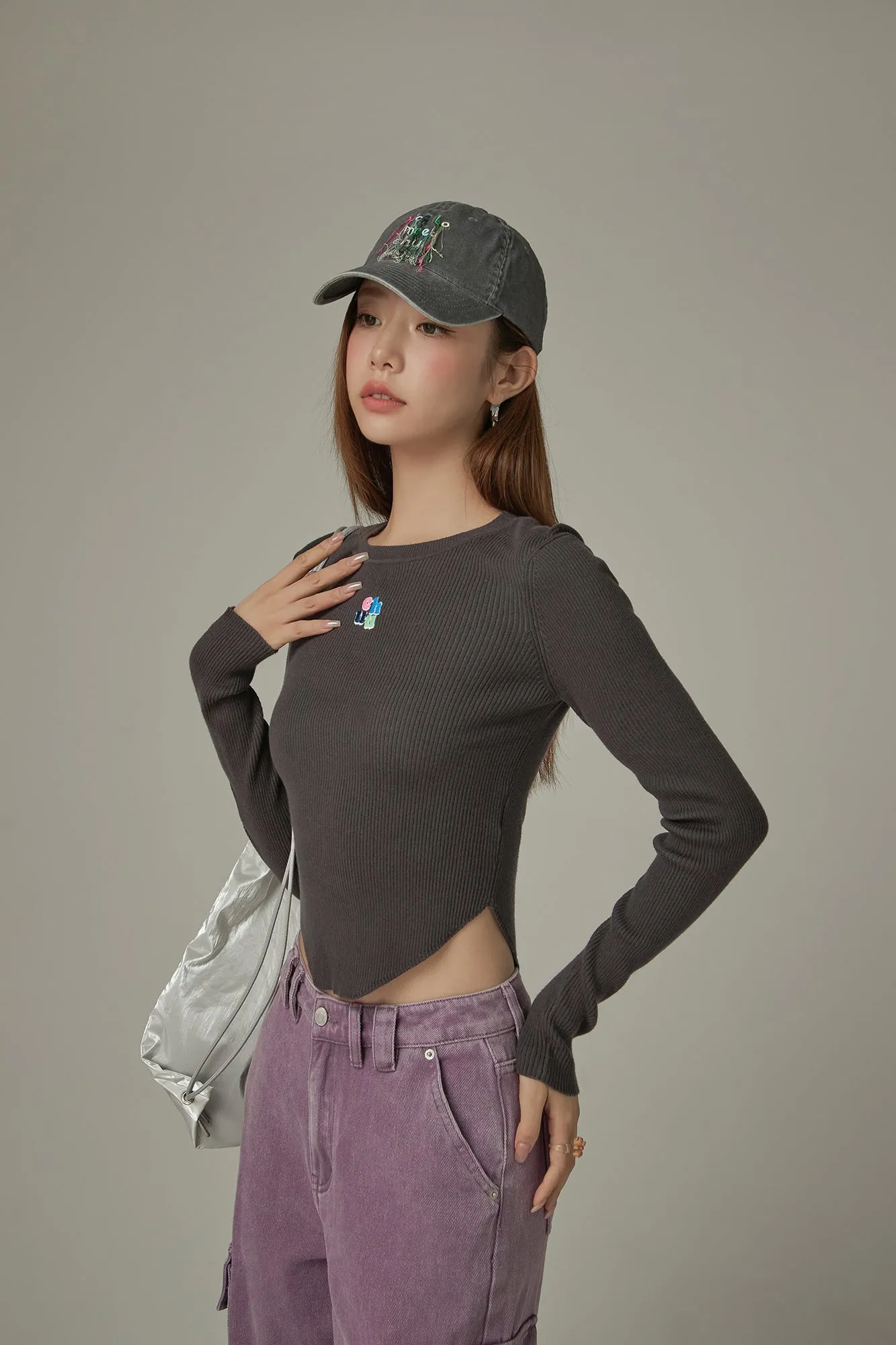 Color Ribbed Slim Knit Top