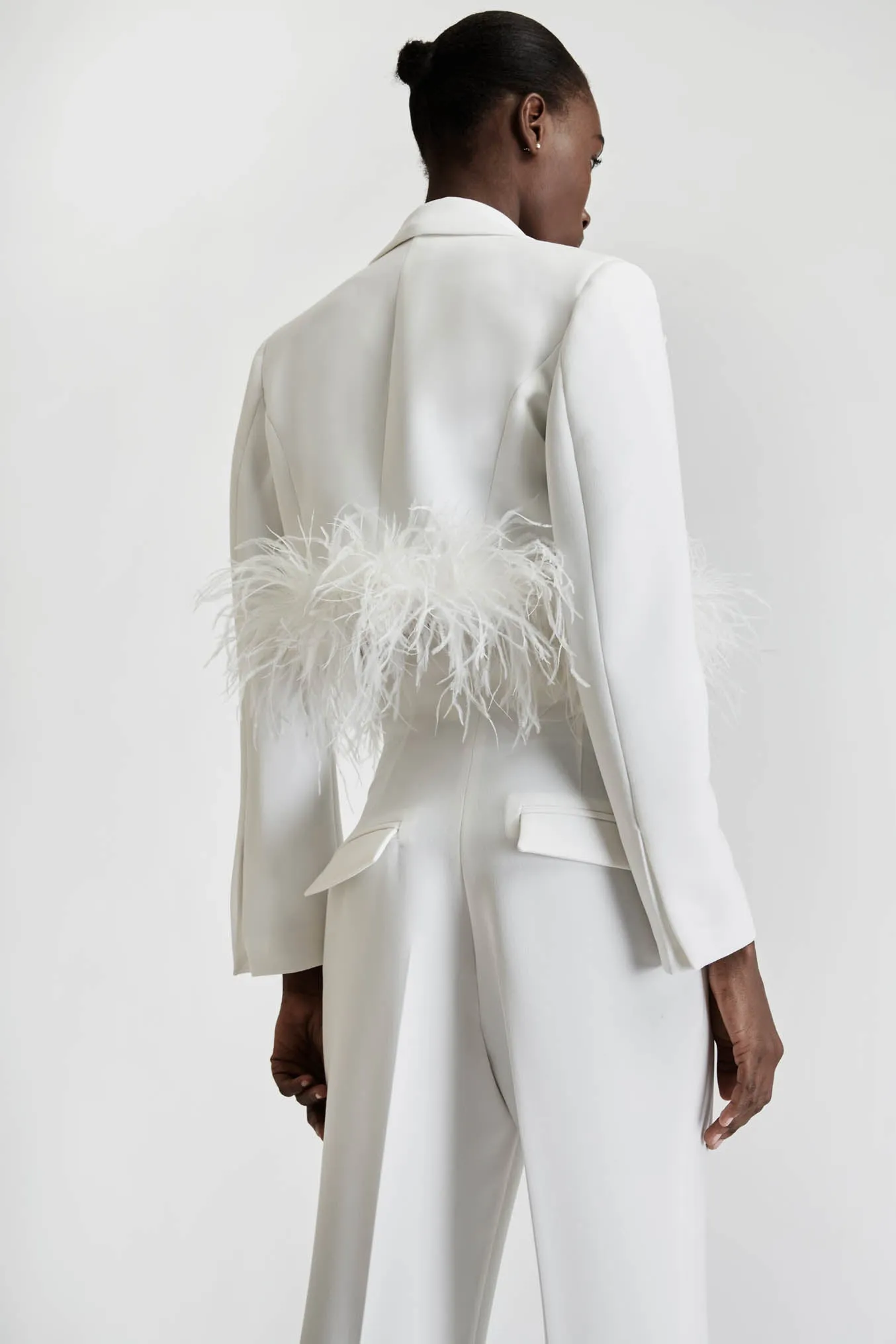 Cropped Blazer with Feathers in White