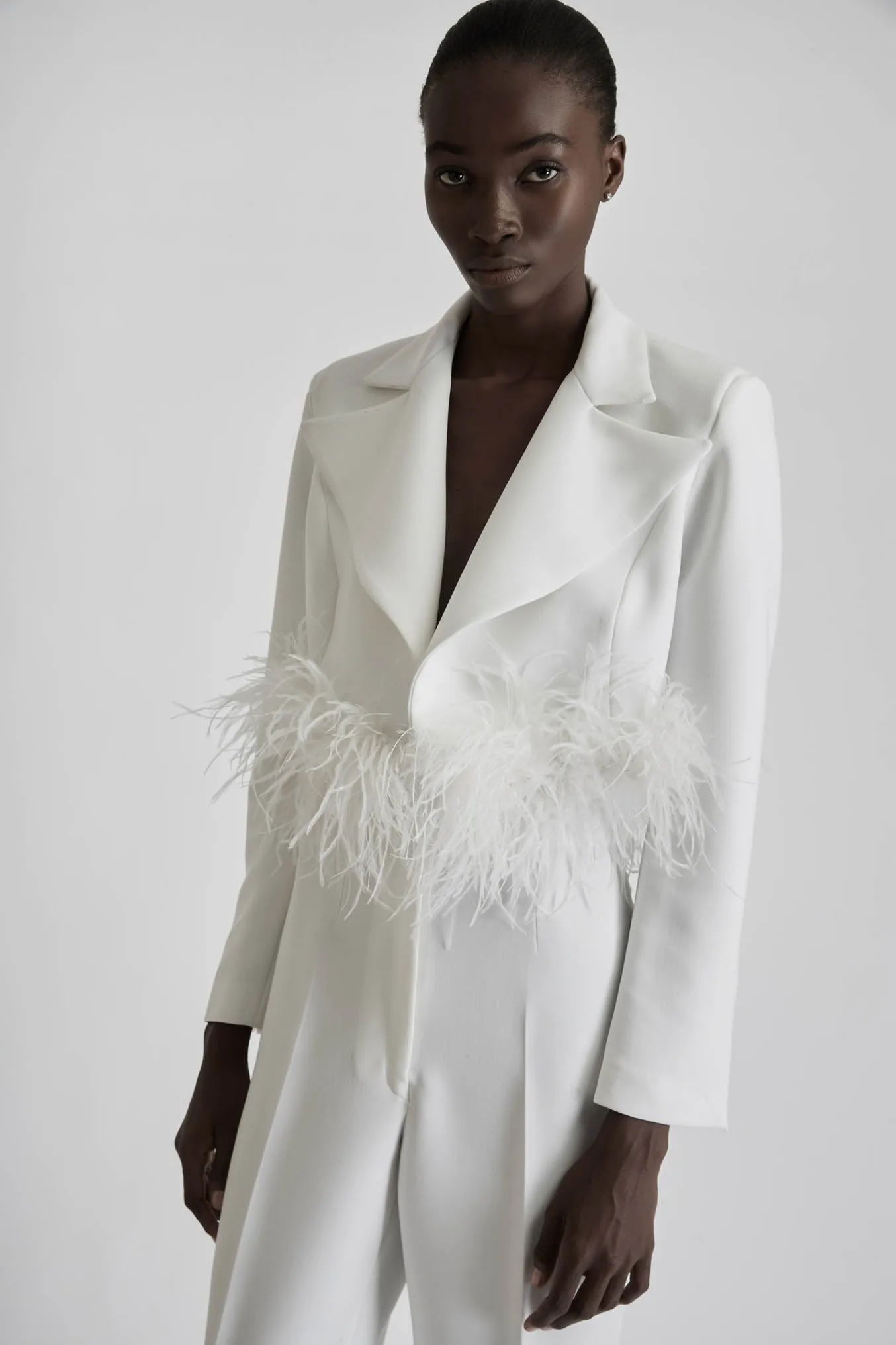 Cropped Blazer with Feathers in White