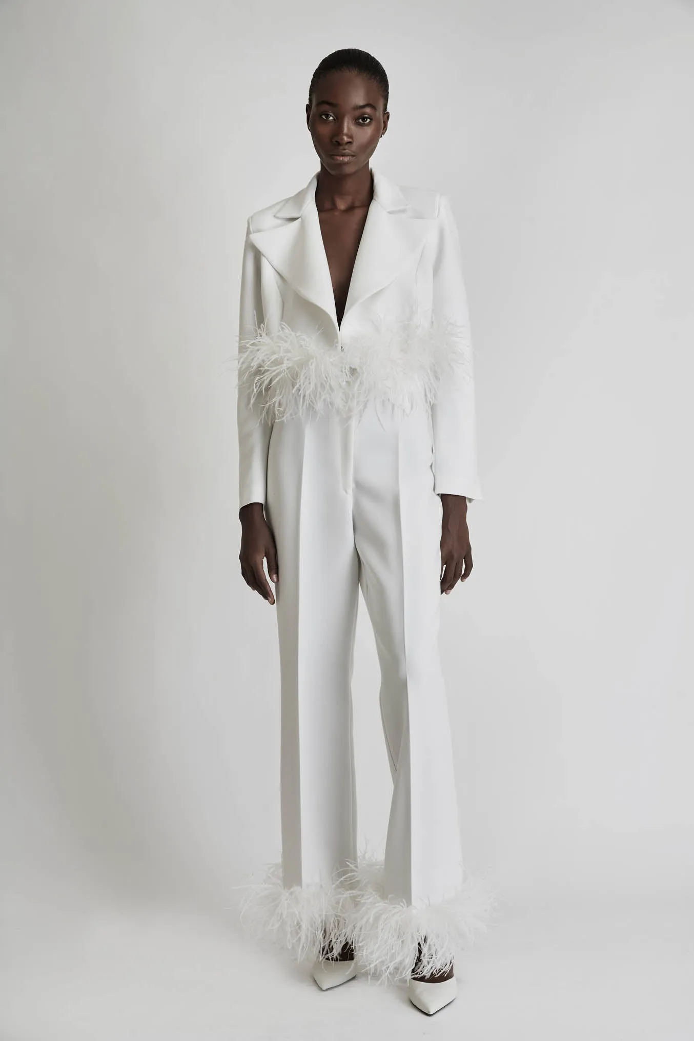 Cropped Blazer with Feathers in White