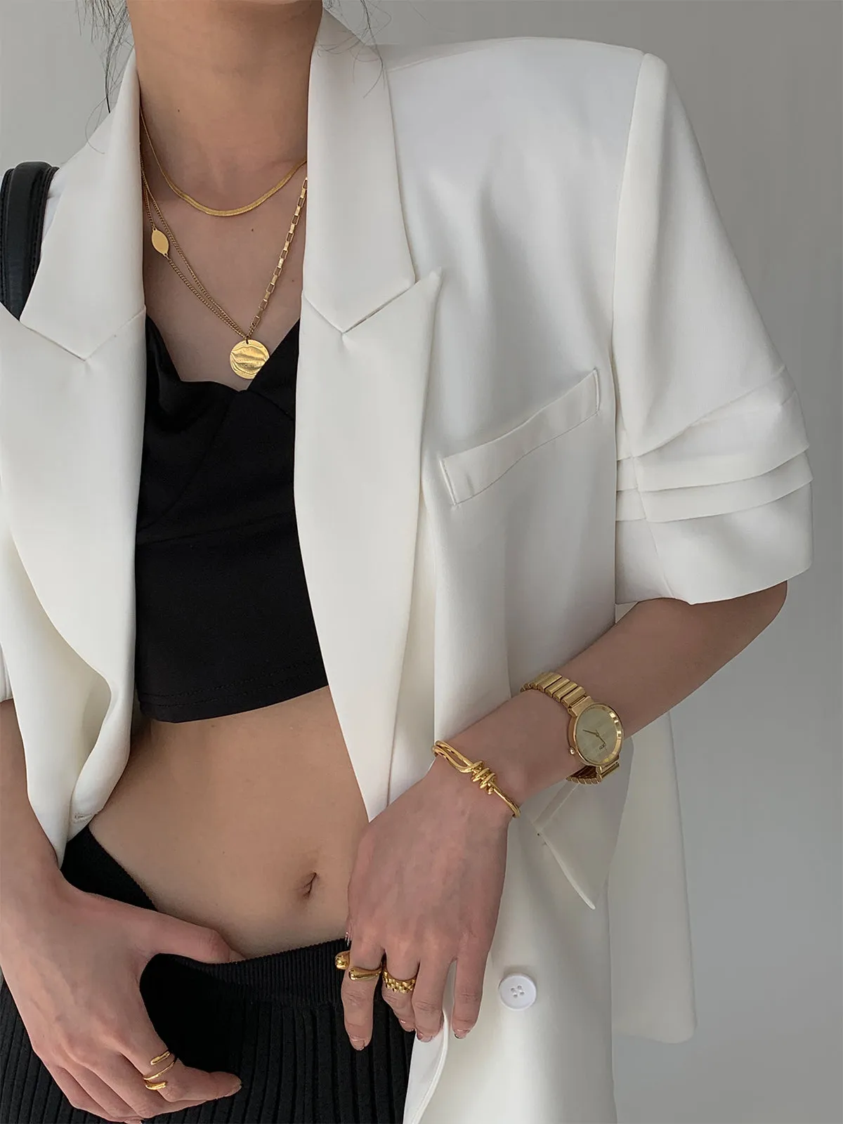 Cropped Sleeve Blazer - White