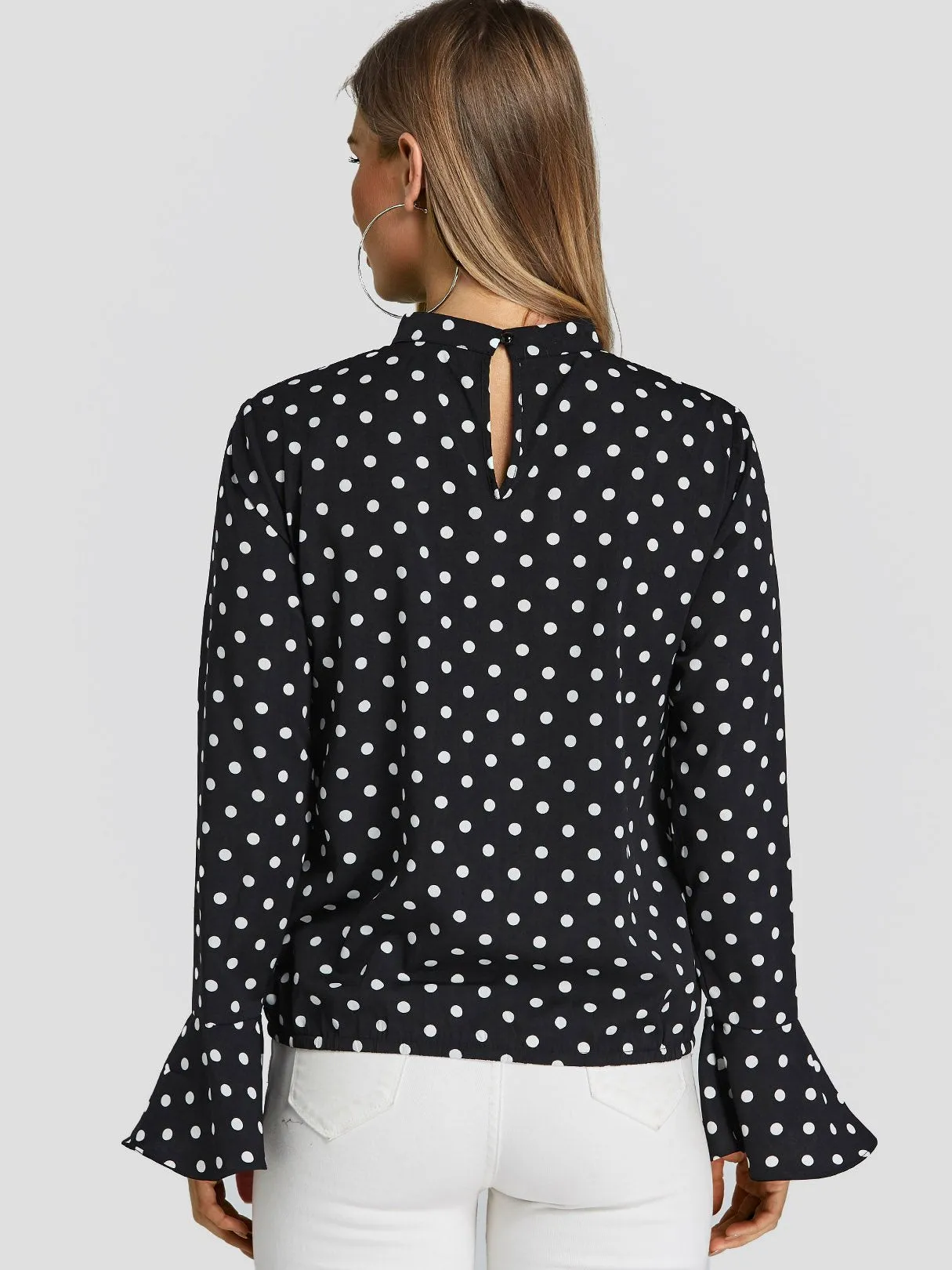 Custom Polka Dot Cut Out Long Sleeve Black Blouses