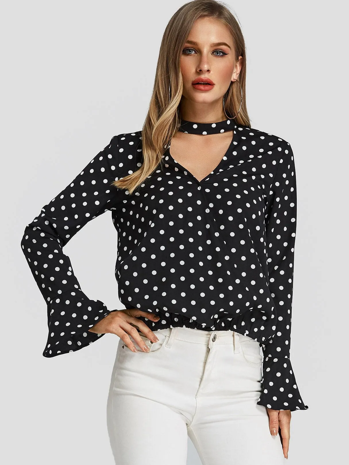 Custom Polka Dot Cut Out Long Sleeve Black Blouses