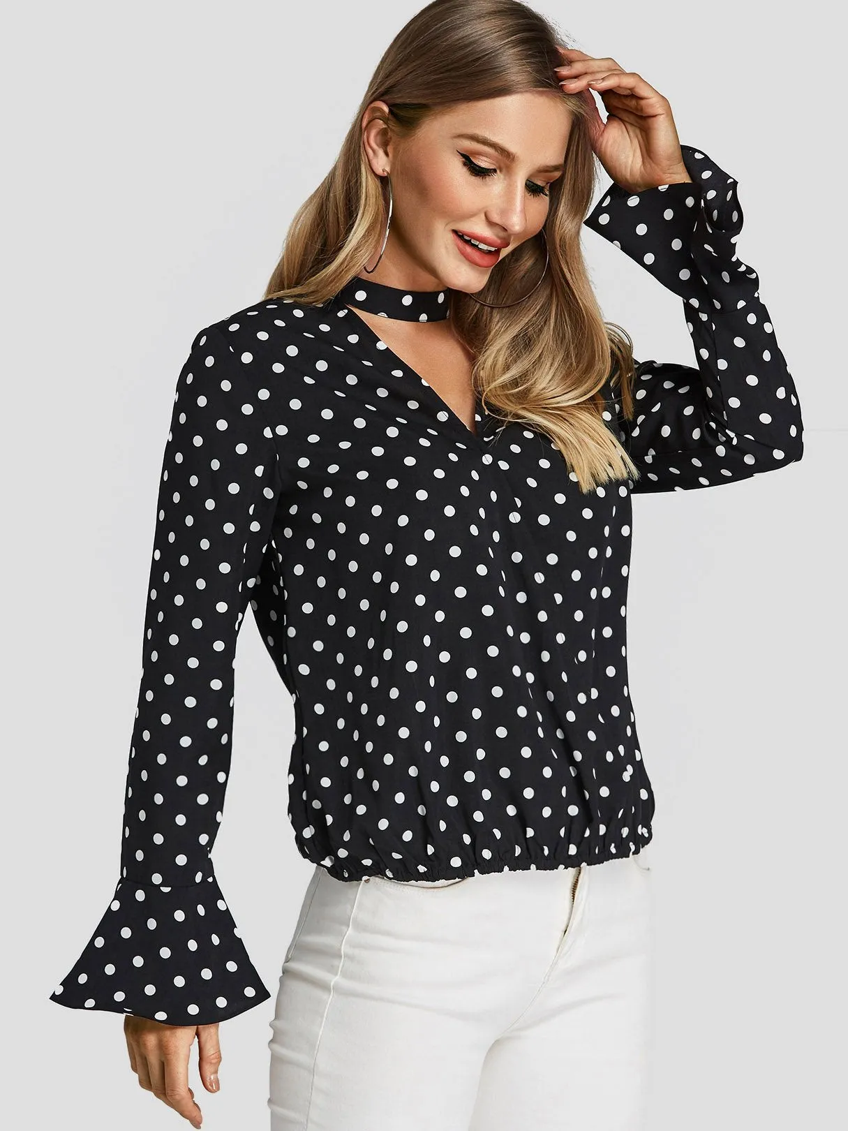 Custom Polka Dot Cut Out Long Sleeve Black Blouses