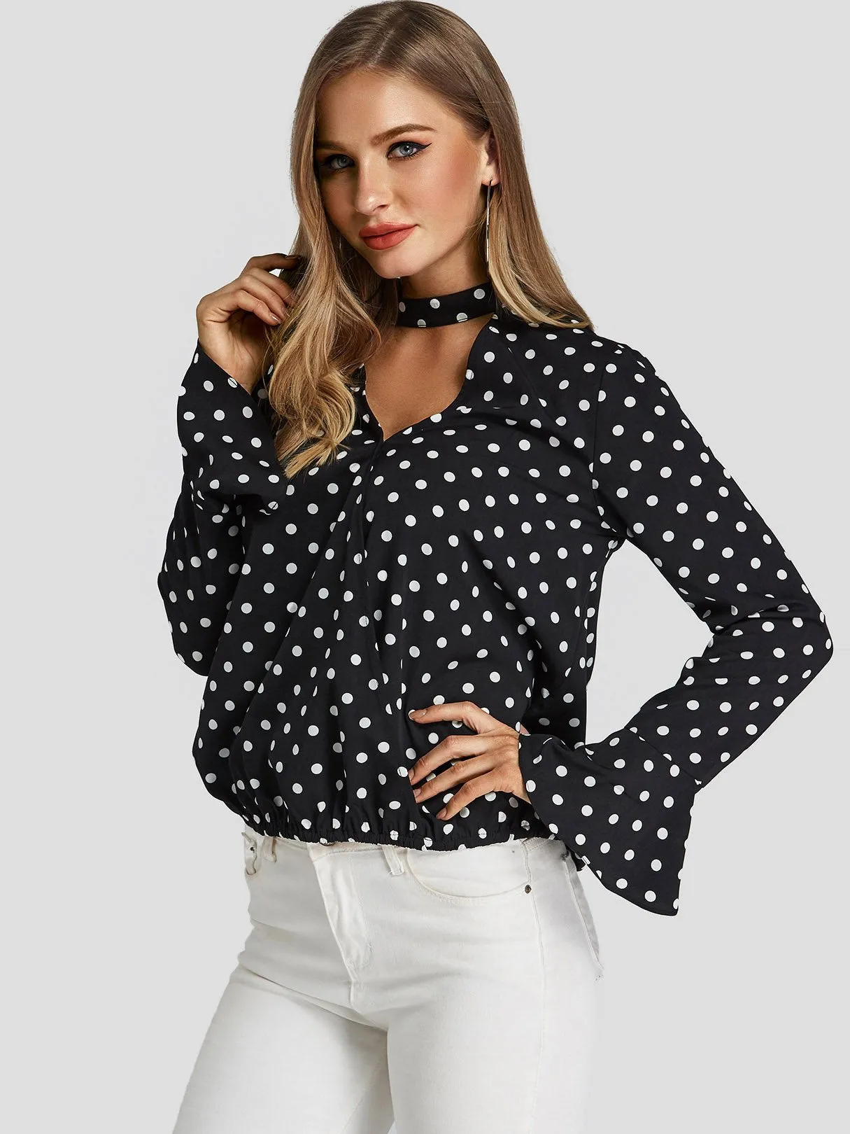 Custom Polka Dot Cut Out Long Sleeve Black Blouses