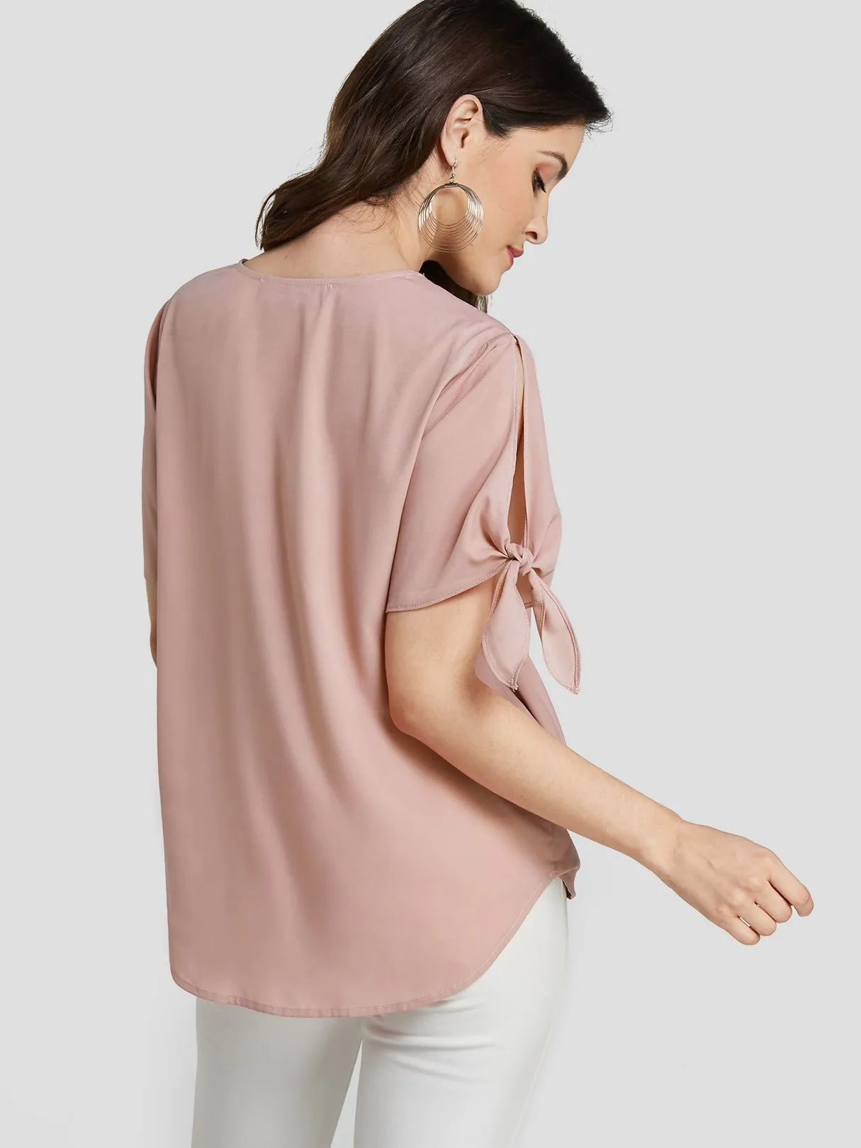 Custom V-Neck Plain Crossed Front Short Sleeve Ruffle Hem Pink Blouses