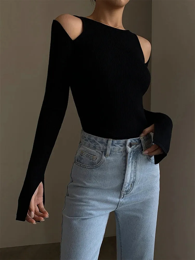 Dana Cut Out Shoulder Ribbed Crop Tops