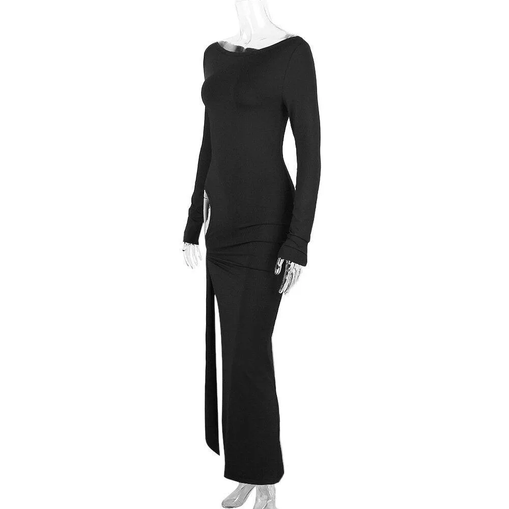 Hollow Out Slash Neck Split Off-Shoulder Full Sleeve Bodycon Maxi Dress