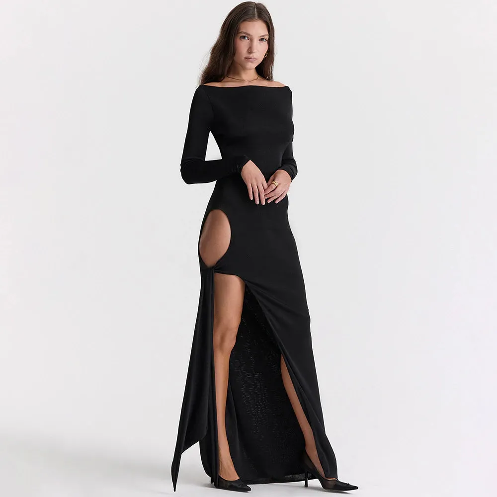 Hollow Out Slash Neck Split Off-Shoulder Full Sleeve Bodycon Maxi Dress