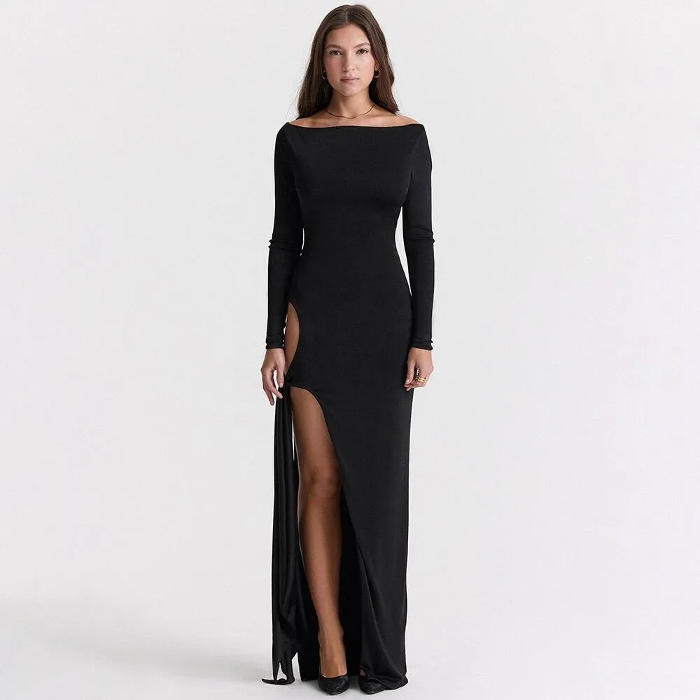 Hollow Out Slash Neck Split Off-Shoulder Full Sleeve Bodycon Maxi Dress