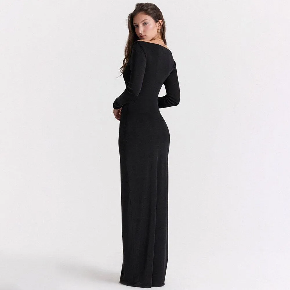 Hollow Out Slash Neck Split Off-Shoulder Full Sleeve Bodycon Maxi Dress