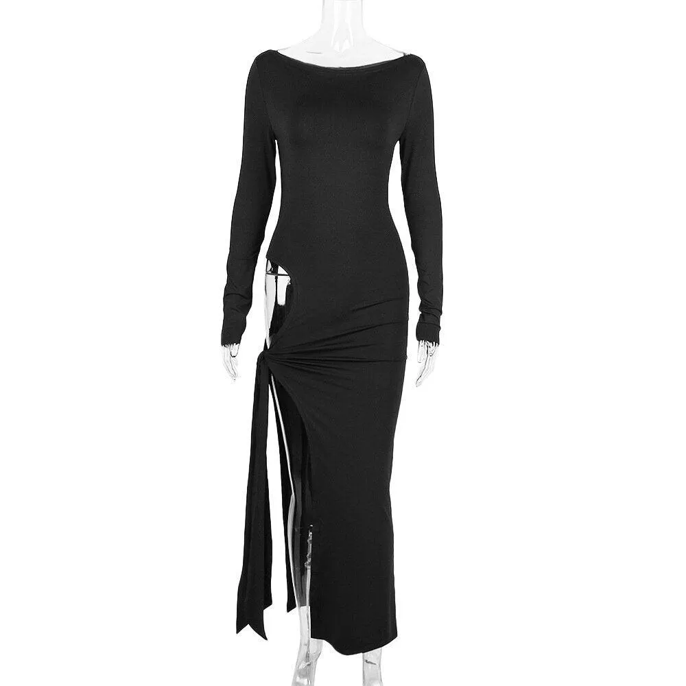 Hollow Out Slash Neck Split Off-Shoulder Full Sleeve Bodycon Maxi Dress