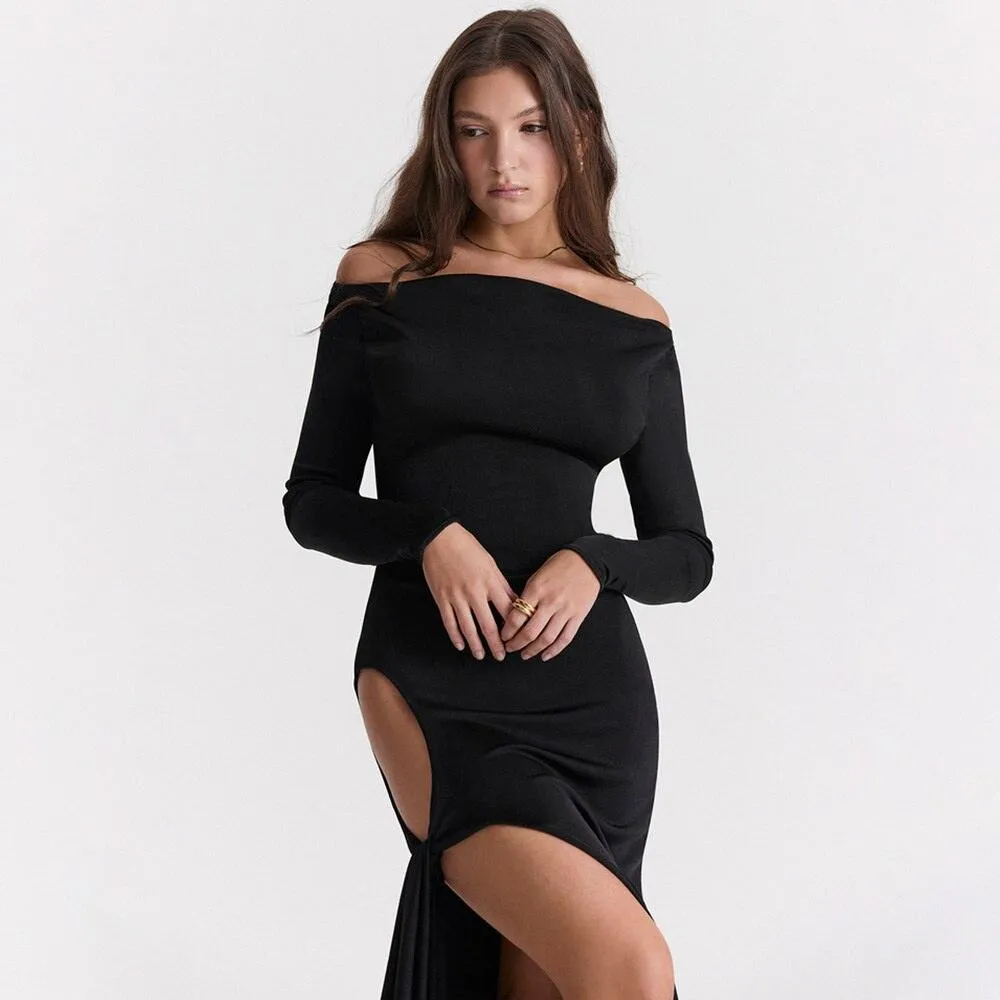 Hollow Out Slash Neck Split Off-Shoulder Full Sleeve Bodycon Maxi Dress