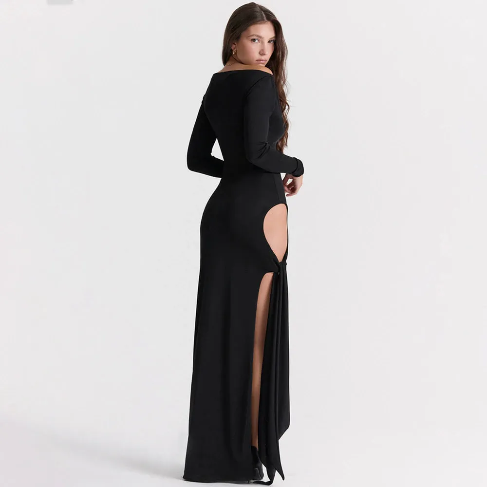 Hollow Out Slash Neck Split Off-Shoulder Full Sleeve Bodycon Maxi Dress