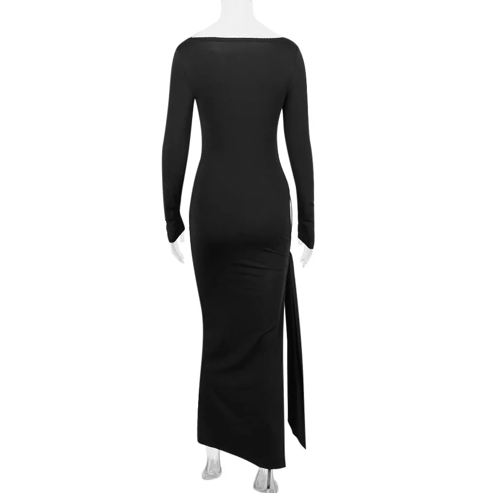 Hollow Out Slash Neck Split Off-Shoulder Full Sleeve Bodycon Maxi Dress