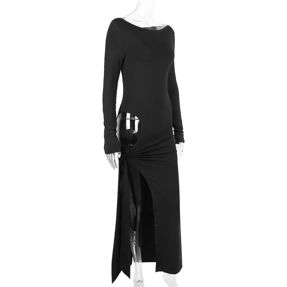 Hollow Out Slash Neck Split Off-Shoulder Full Sleeve Bodycon Maxi Dress