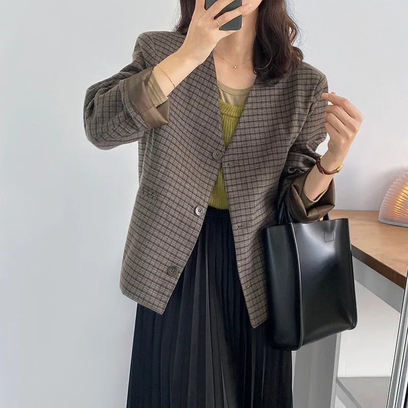 [Korean Style] High Quality Single Breasted Cropped Collarless Plaid Blazer