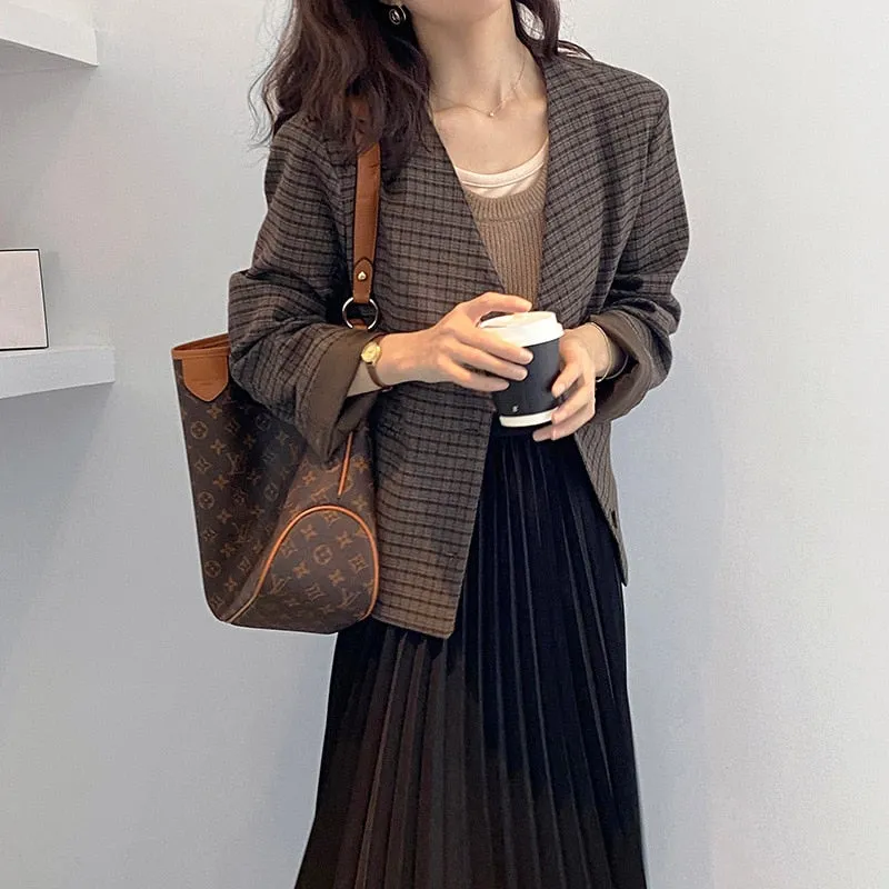 [Korean Style] High Quality Single Breasted Cropped Collarless Plaid Blazer