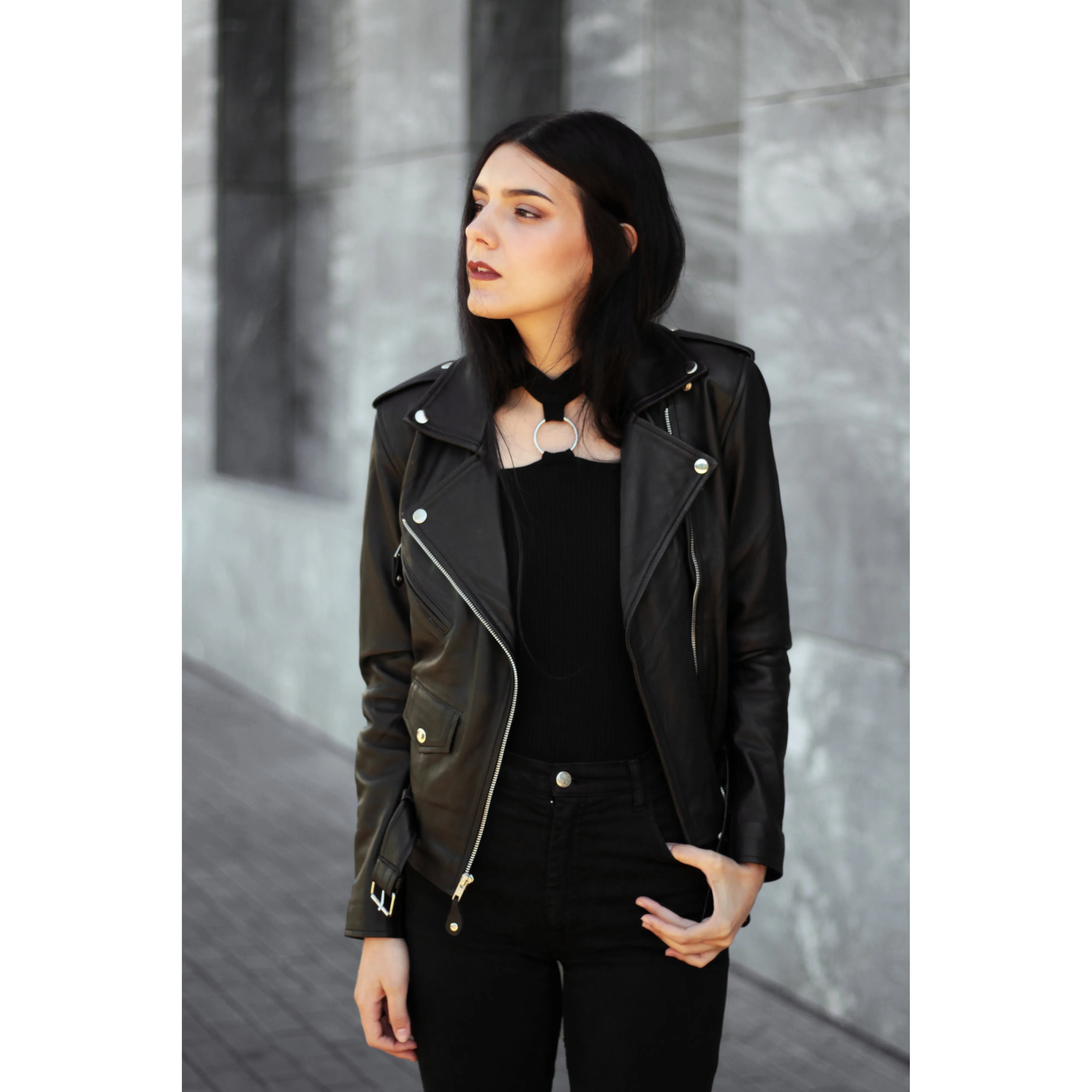 Leather Skin Brando Women Black Biker Motorcycle Leather Jacket