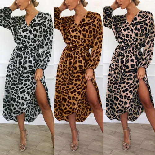 Leopard Print Asymmetrical V-neck Midi Dress