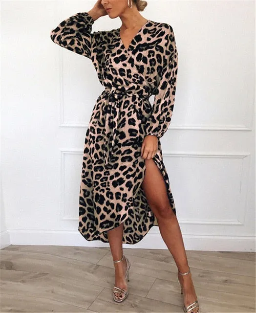 Leopard Print Asymmetrical V-neck Midi Dress