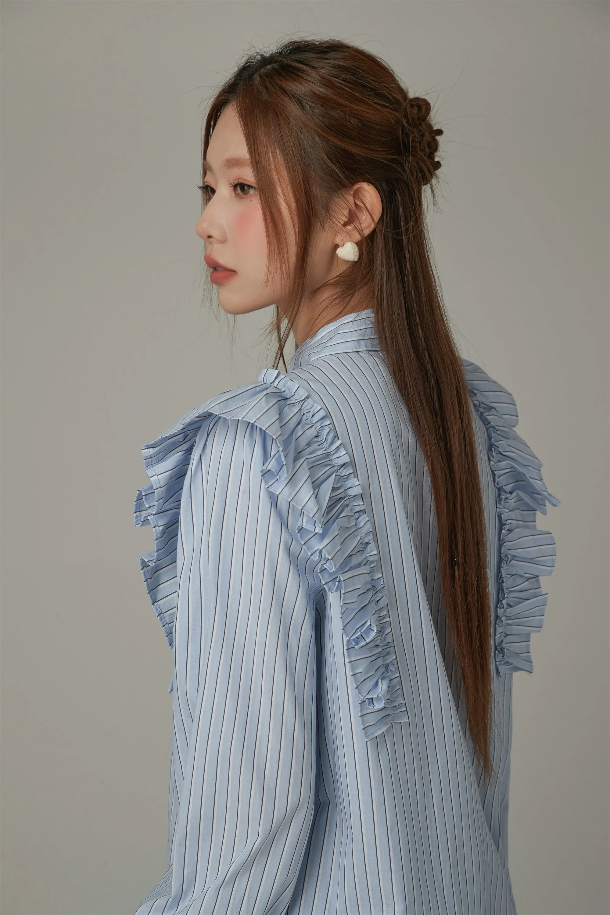 Logo Tie Ruffle Striped Blouse